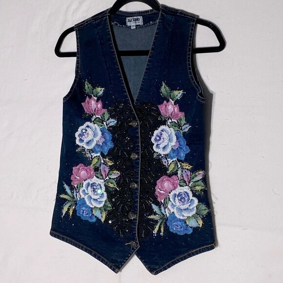 Vintage Jazzino Dark Wash Embroidered Beaded Button Up Denim Vest S - Picture 2 of 12